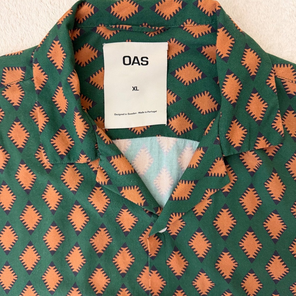 OAS Smokin Rustic Viscose Shirt Mens XL Green Geometric Diamond Camp Collar